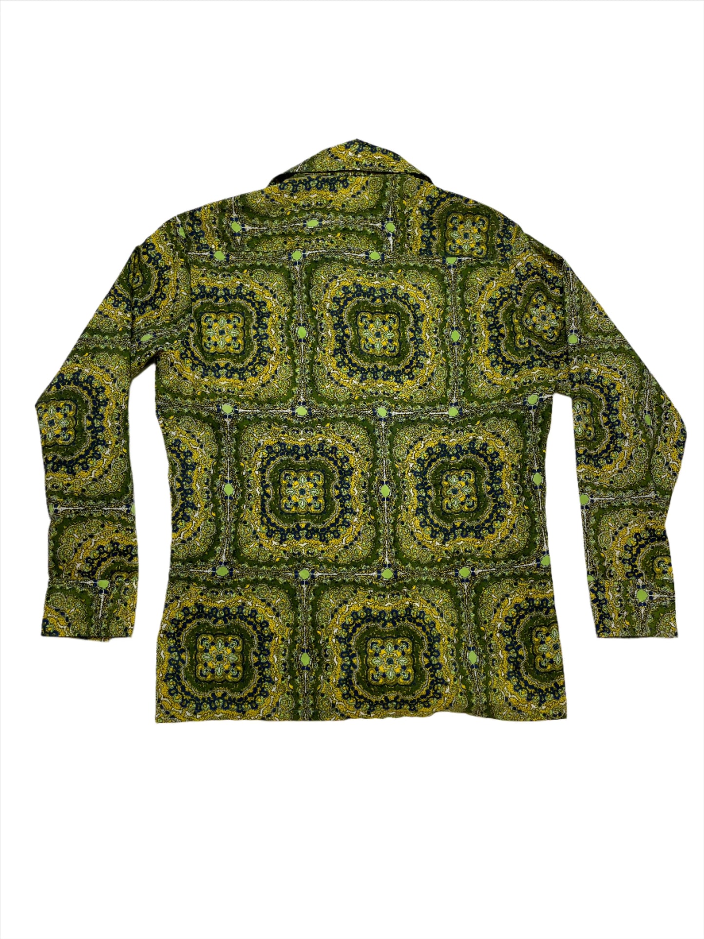 '70s Vintage Green Psych Print Poly Shirt - XL