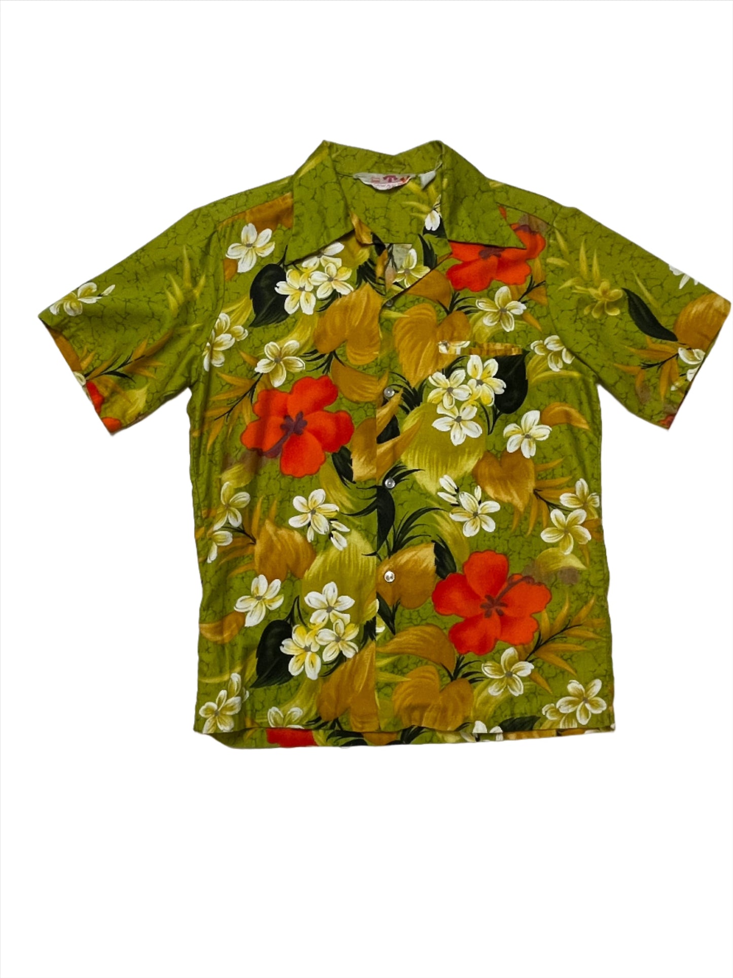 '50s Vintage Sears Green Hibiscus Hawaiian Shirt - Lrg