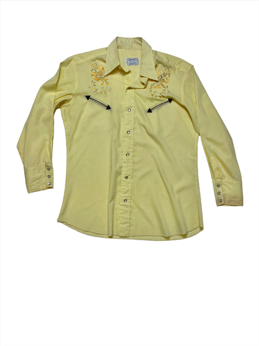 '60s Vintage H Bar C Yellow Embroidered Smile Pocket Pearl Snap - 2XL