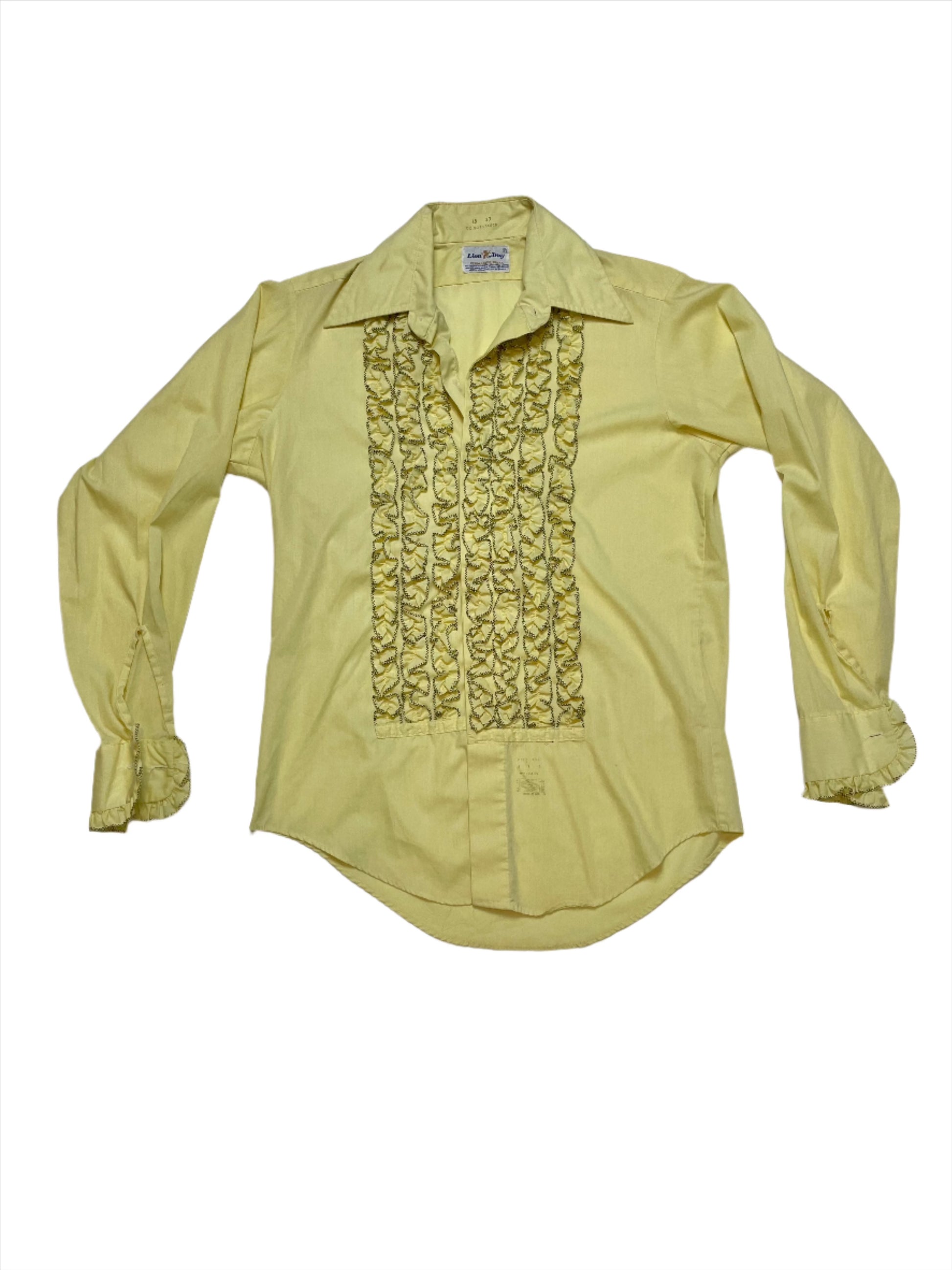 '70s Vintage Yellow Tuxedo Ruffle Button Down Shirt - Med