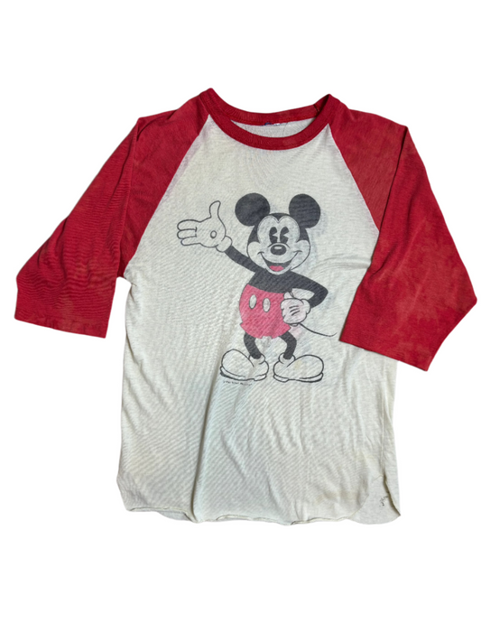 '80s/90s Vintage 2 Sided Mickey Mouse Red/Wht LS Raglan T-shirt - MED