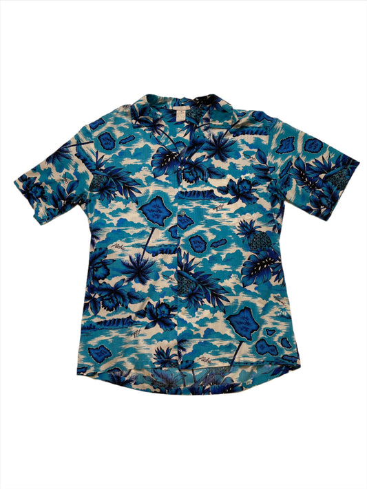 '70s Vintage Blue Aloha Pineapple Hawaiian Shirt - Lrg