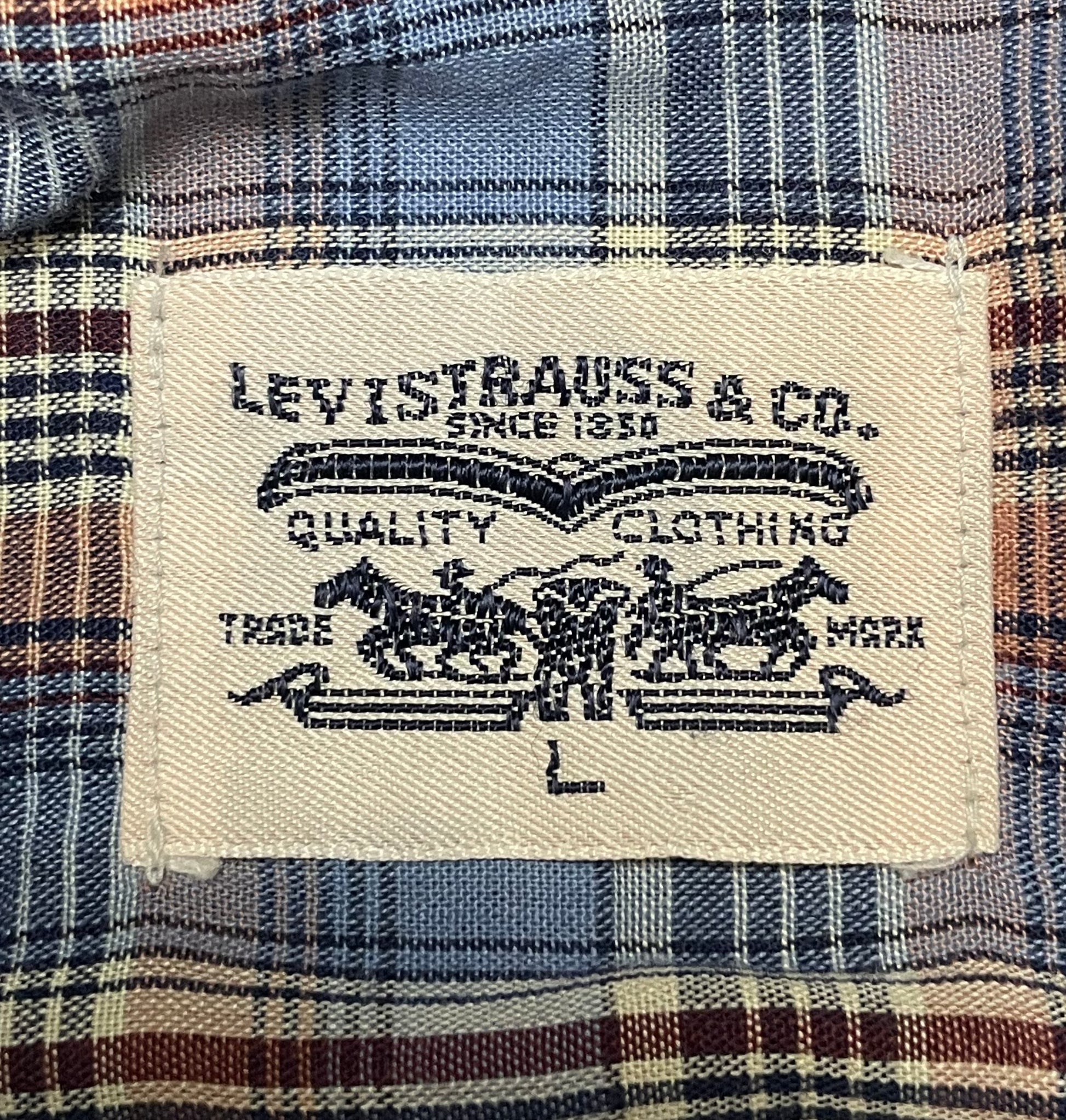 '80s Vintage Levi's Blue/Orange Plaid Pearl Snap - Lrg