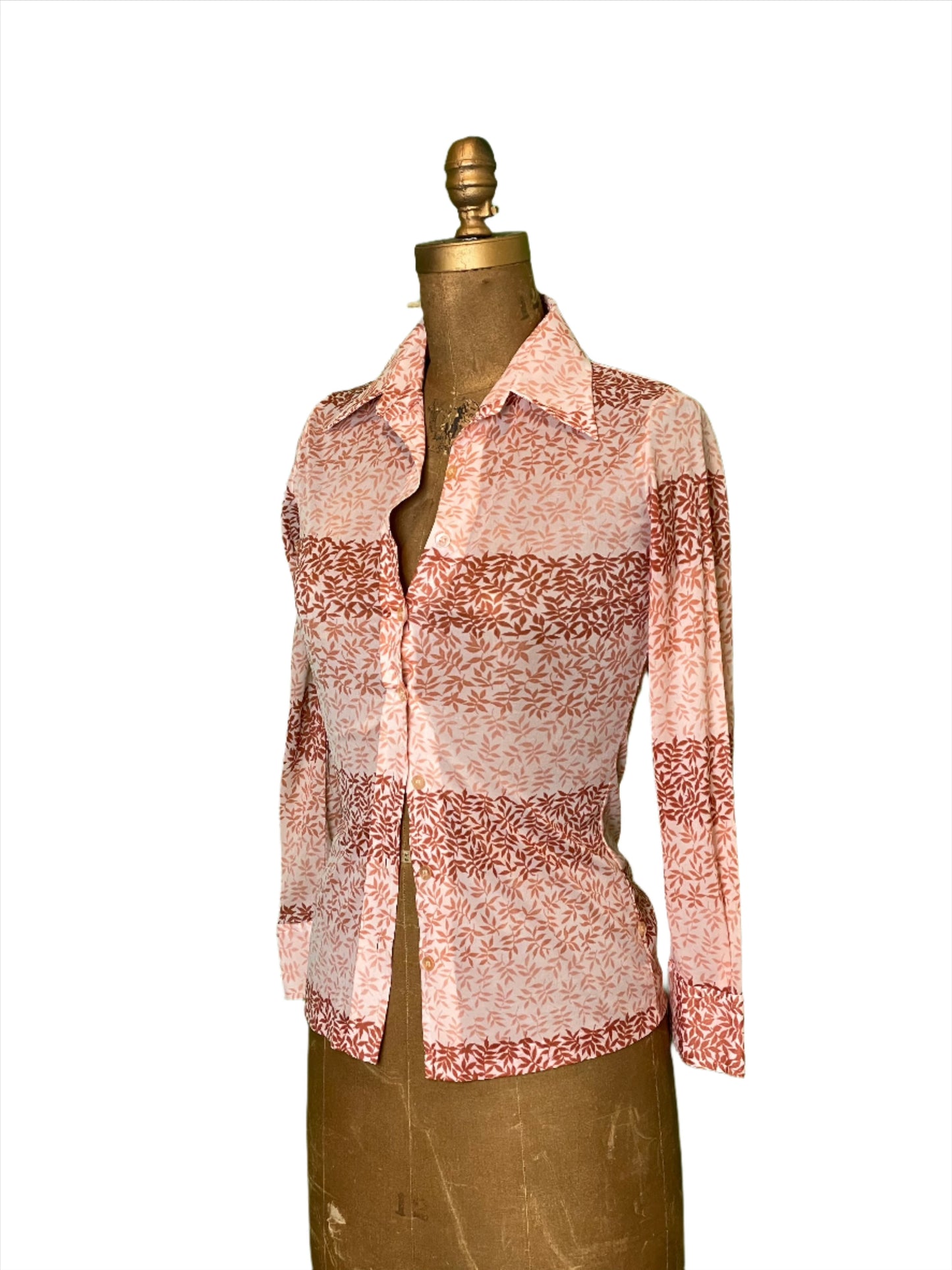 '70s Vintage Wm's Polyester Pink Leaf Print Button Down - Sm