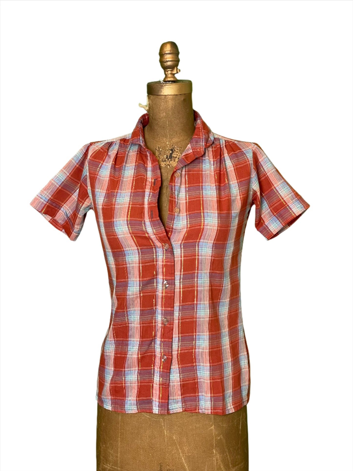 '80s Vintage Wm's Red Plaid Short Sleeve Button Down - Small