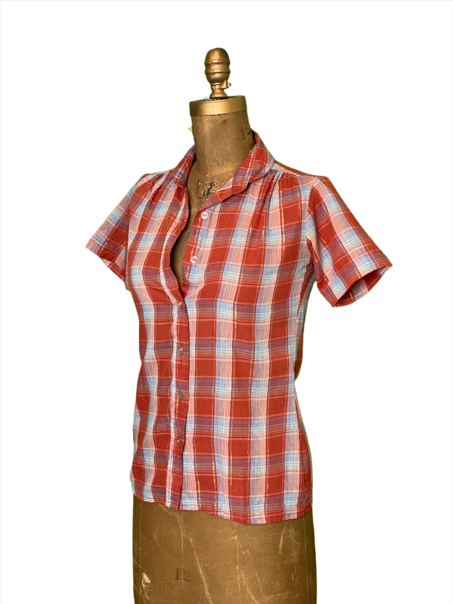 '80s Vintage Wm's Red Plaid Short Sleeve Button Down - Small