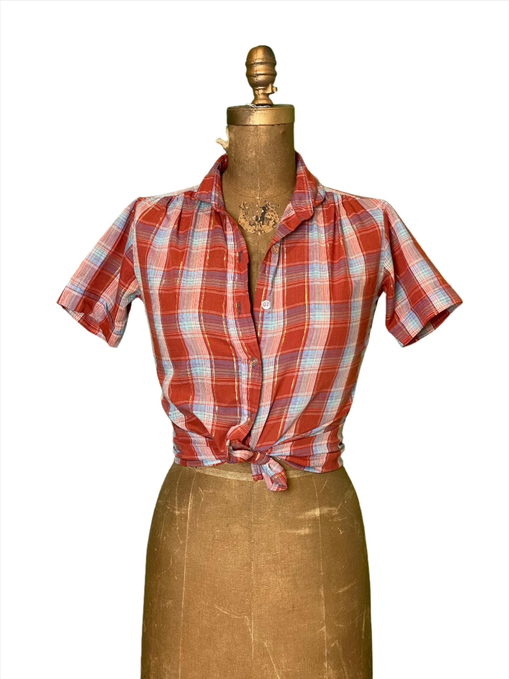 '80s Vintage Wm's Red Plaid Short Sleeve Button Down - Small