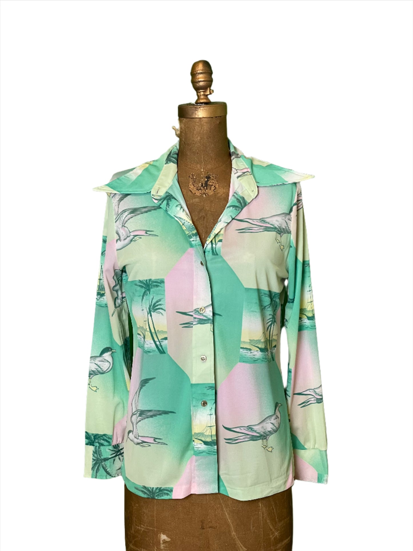 '70s Vintage Wms Sailboat Tropical Print Button Down Shirt - Large