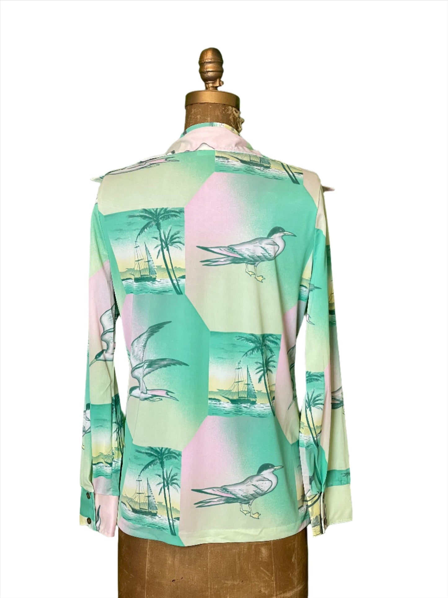 '70s Vintage Wms Sailboat Tropical Print Button Down Shirt - Large