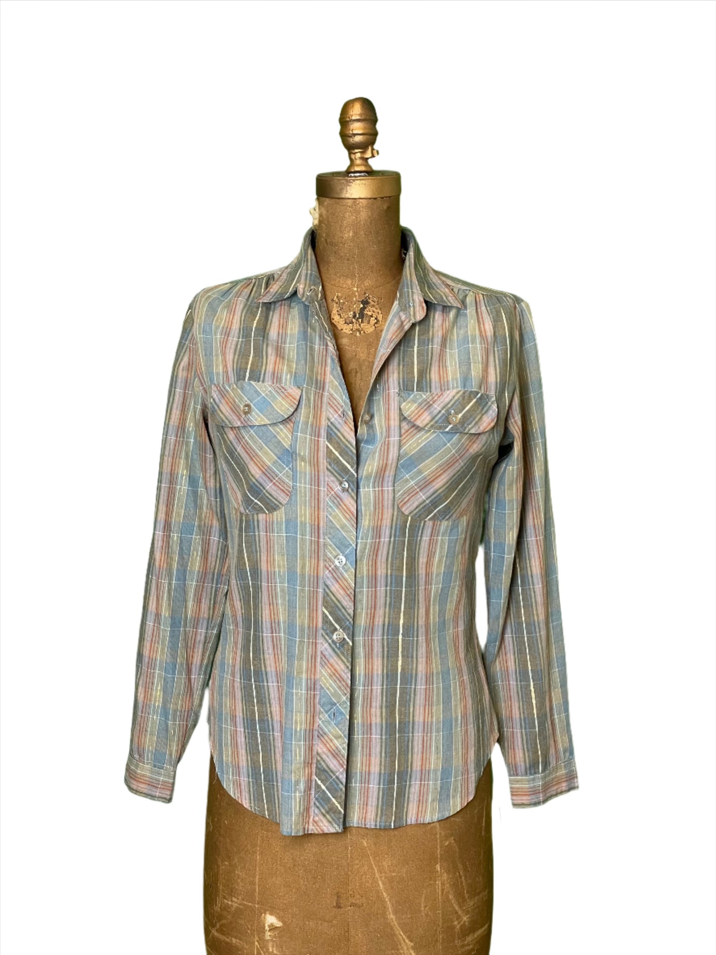 '80s Vintage Wms Grey/Pastel Plaid w Lurex Button Down - Med/Lrg