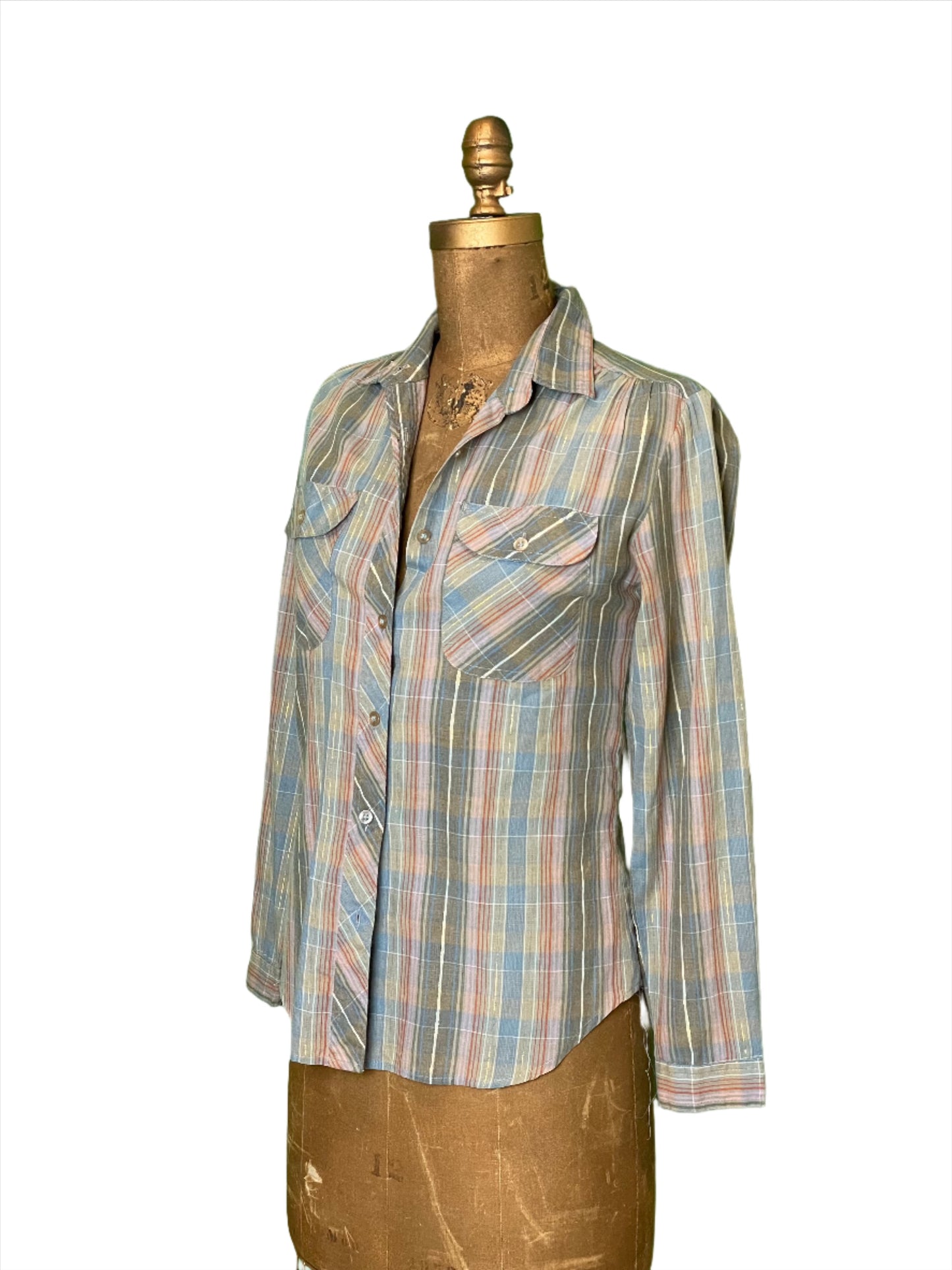 '80s Vintage Wms Grey/Pastel Plaid w Lurex Button Down - Med/Lrg