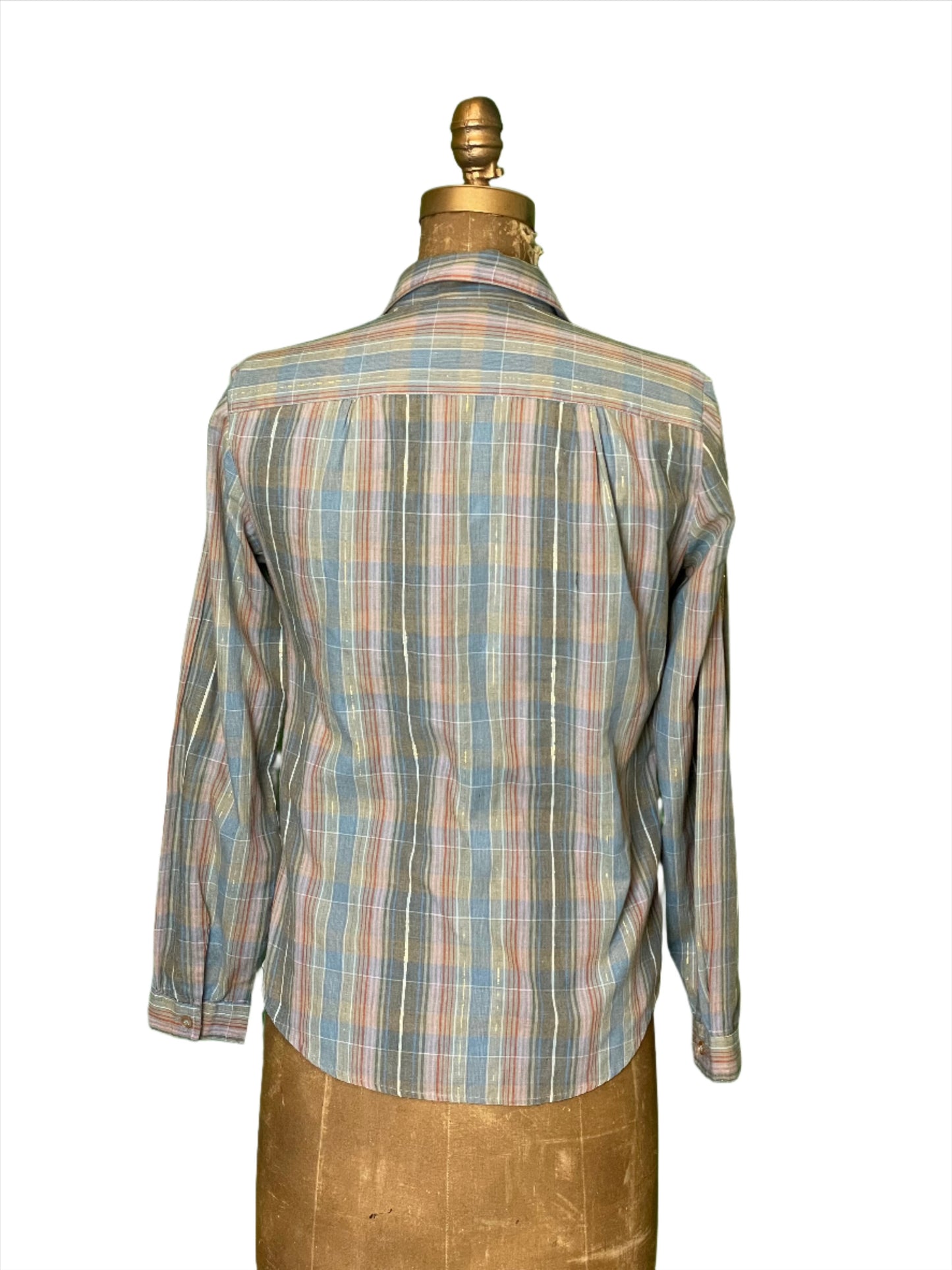 '80s Vintage Wms Grey/Pastel Plaid w Lurex Button Down - Med/Lrg