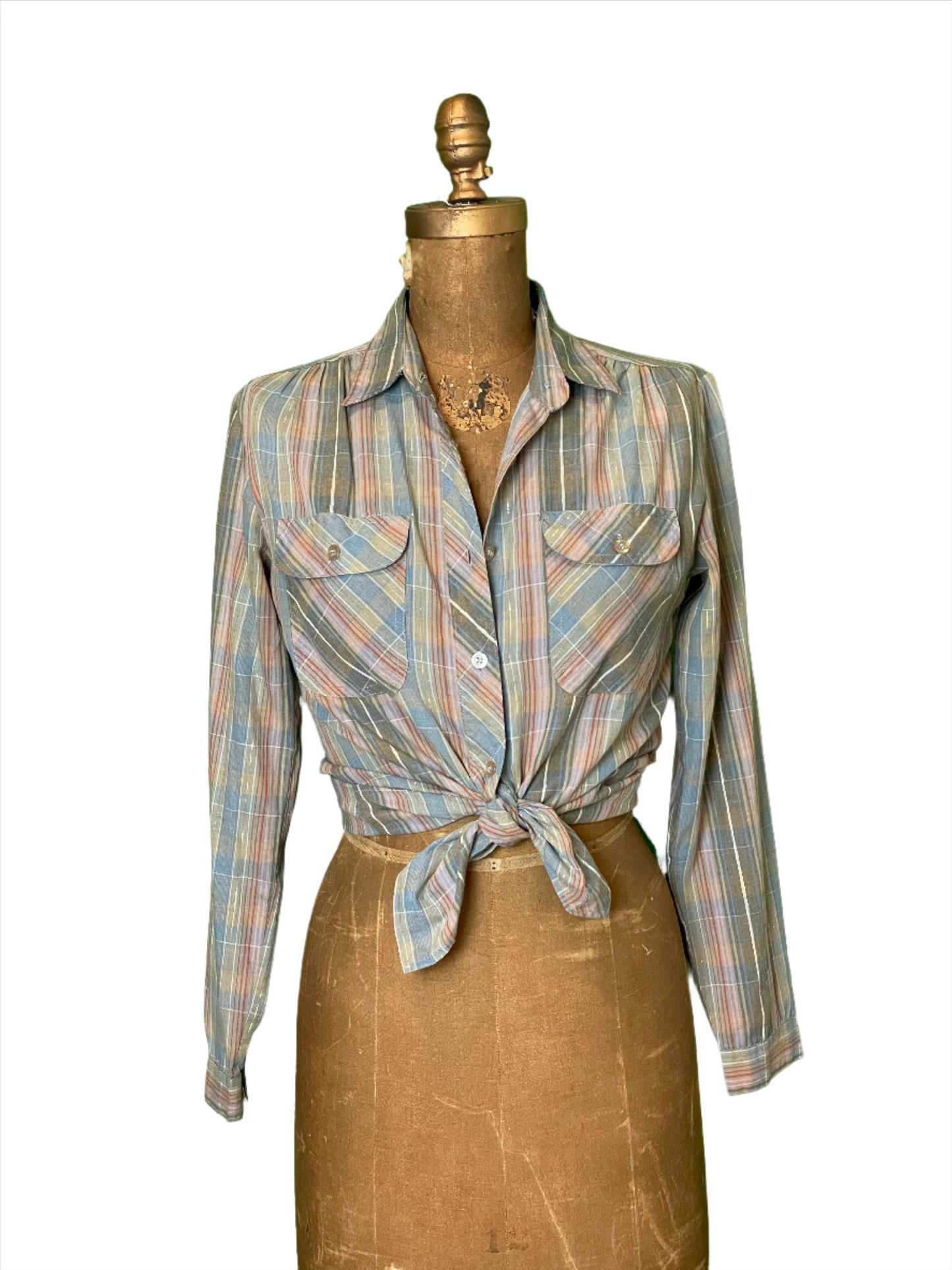 '80s Vintage Wms Grey/Pastel Plaid w Lurex Button Down - Med/Lrg