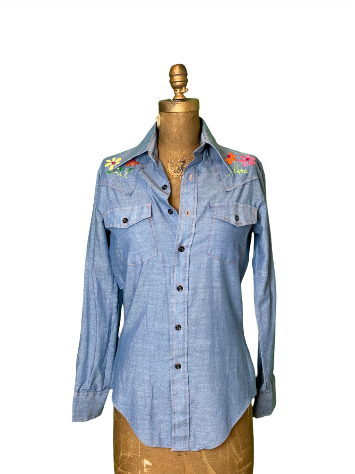 '60s Vintage Sears Floral Embroidered Chambray Shirt