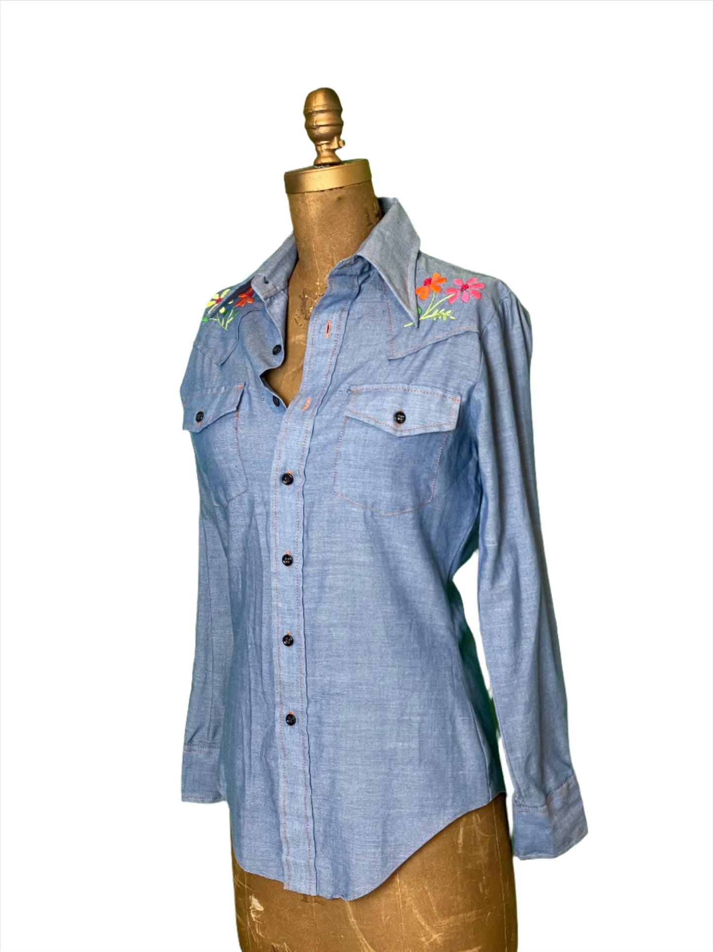 '60s Vintage Sears Floral Embroidered Chambray Shirt