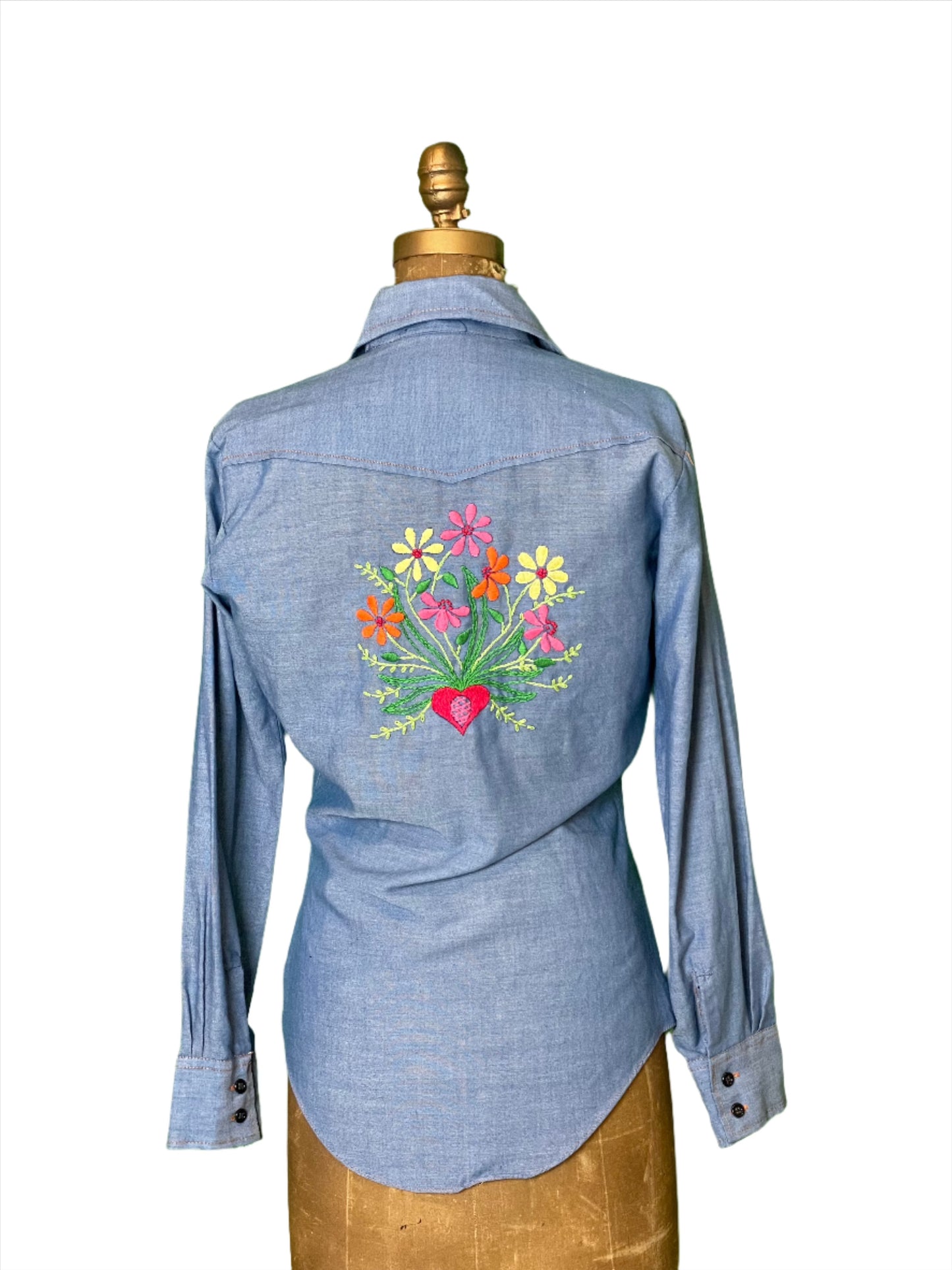 '60s Vintage Sears Floral Embroidered Chambray Shirt