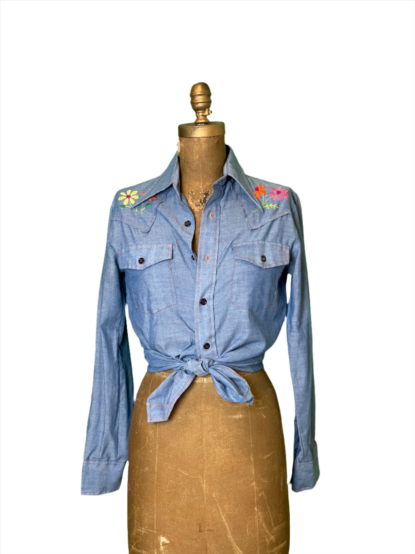 '60s Vintage Sears Floral Embroidered Chambray Shirt