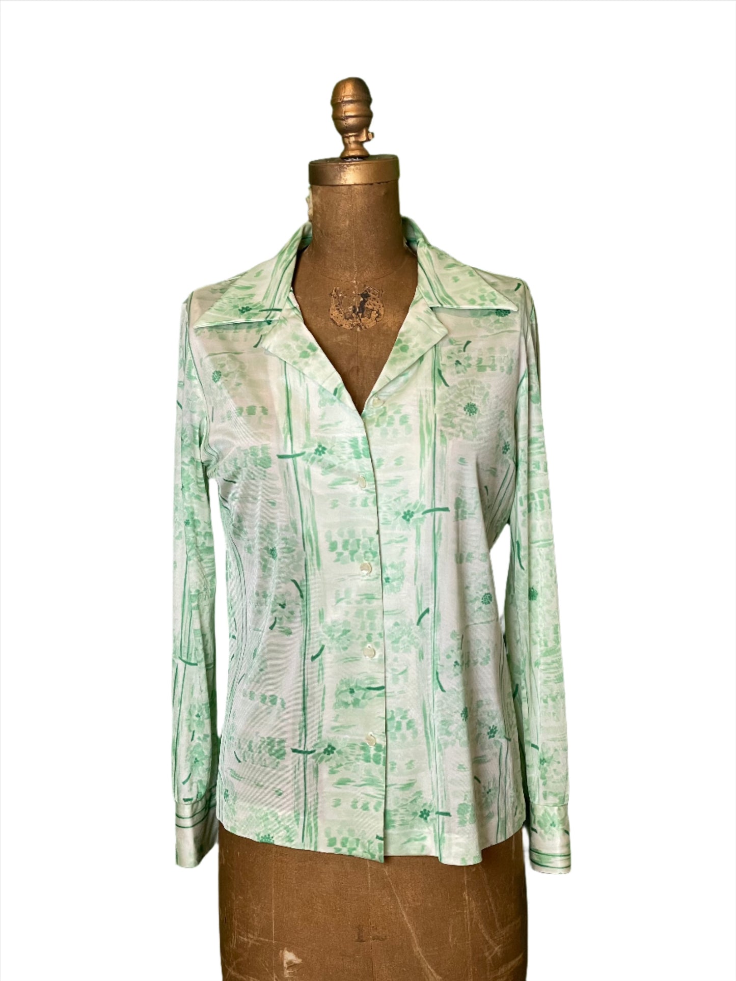 '70s Vintage Wm's Green Floral Polyester Button Down Shirt - Large