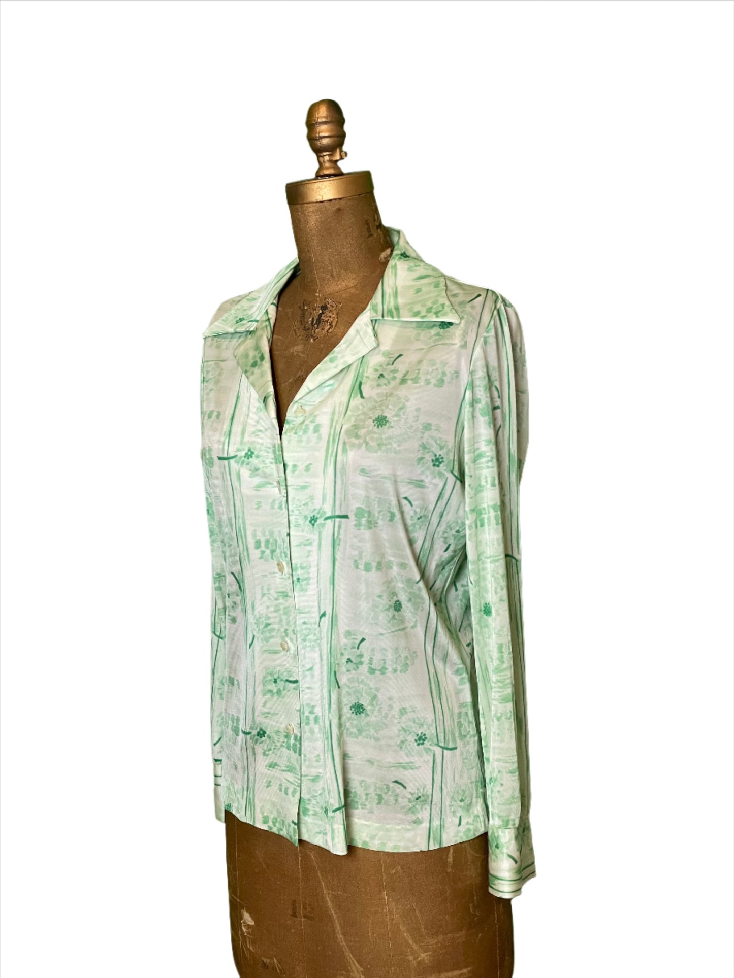 '70s Vintage Wm's Green Floral Polyester Button Down Shirt - Large