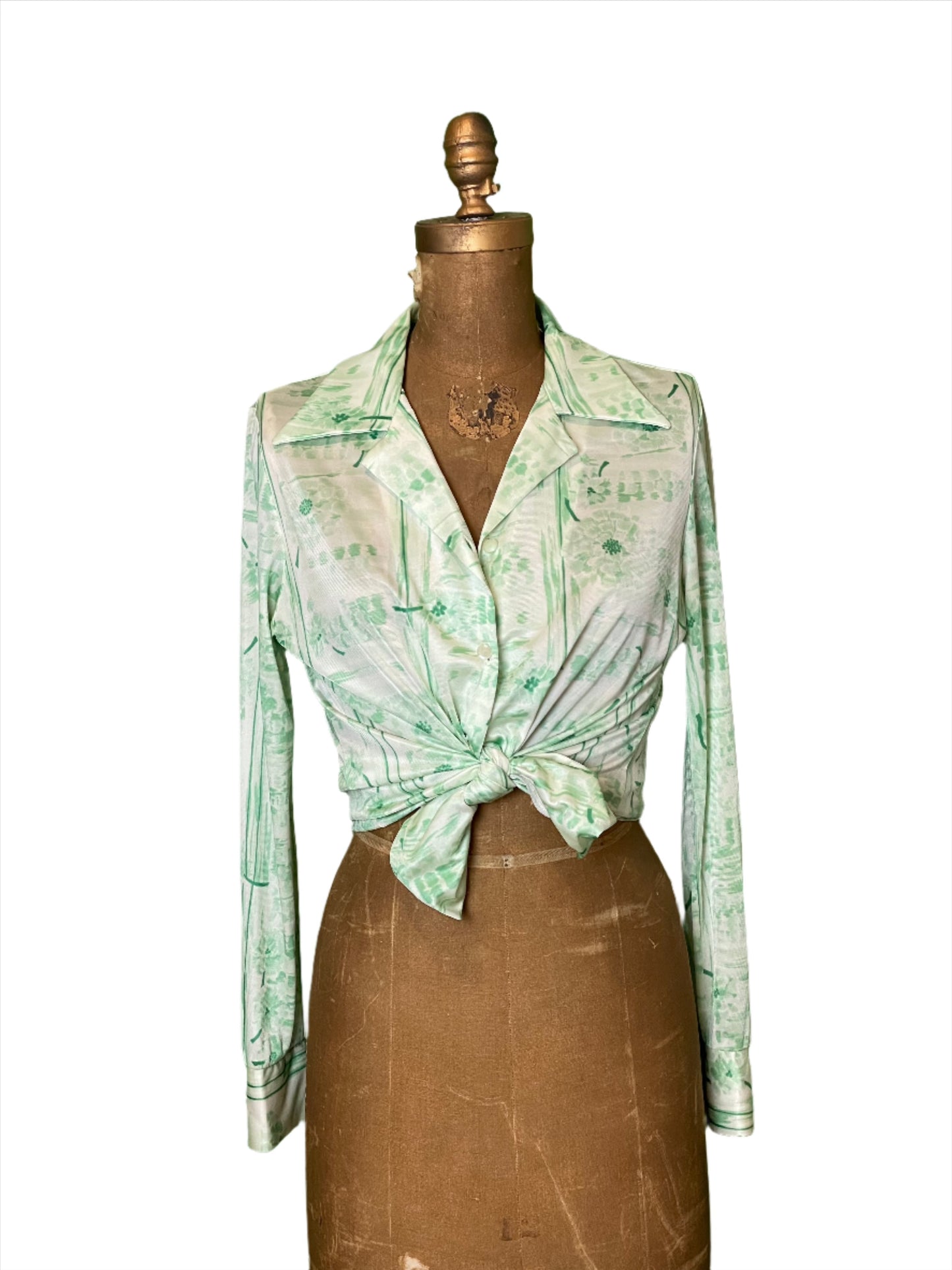 '70s Vintage Wm's Green Floral Polyester Button Down Shirt - Large