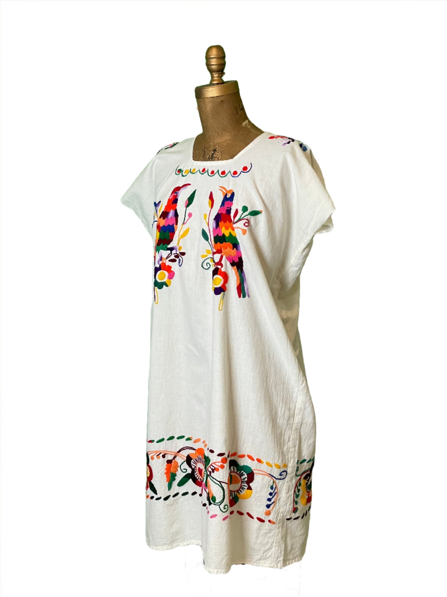 Vintage Huipil White Mexican Embroidered Bird/Floral Dress