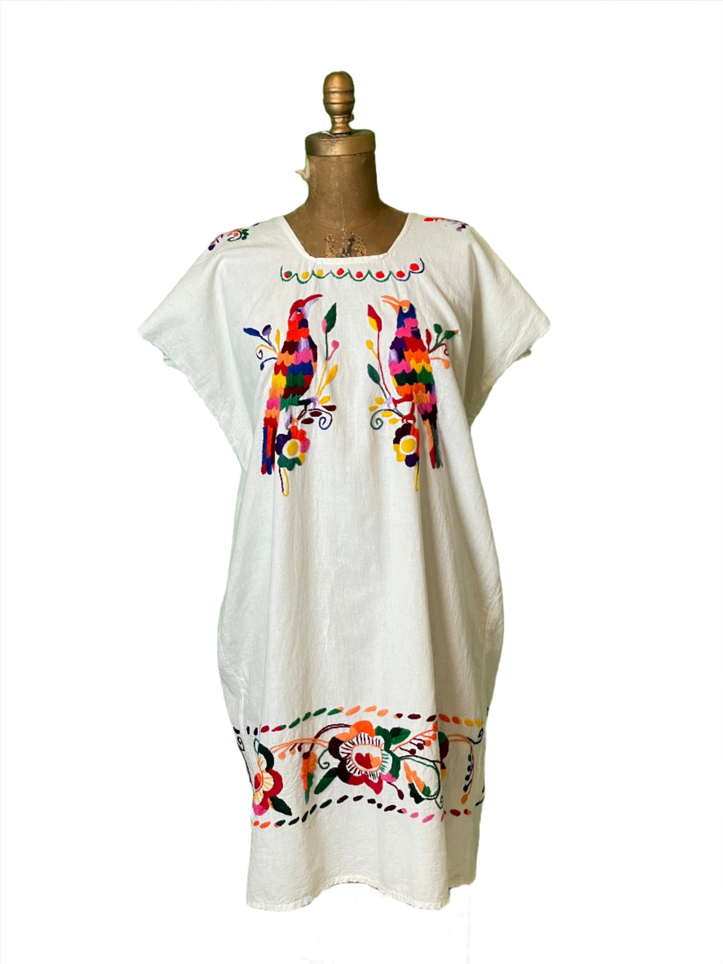 Vintage Huipil White Mexican Embroidered Bird/Floral Dress