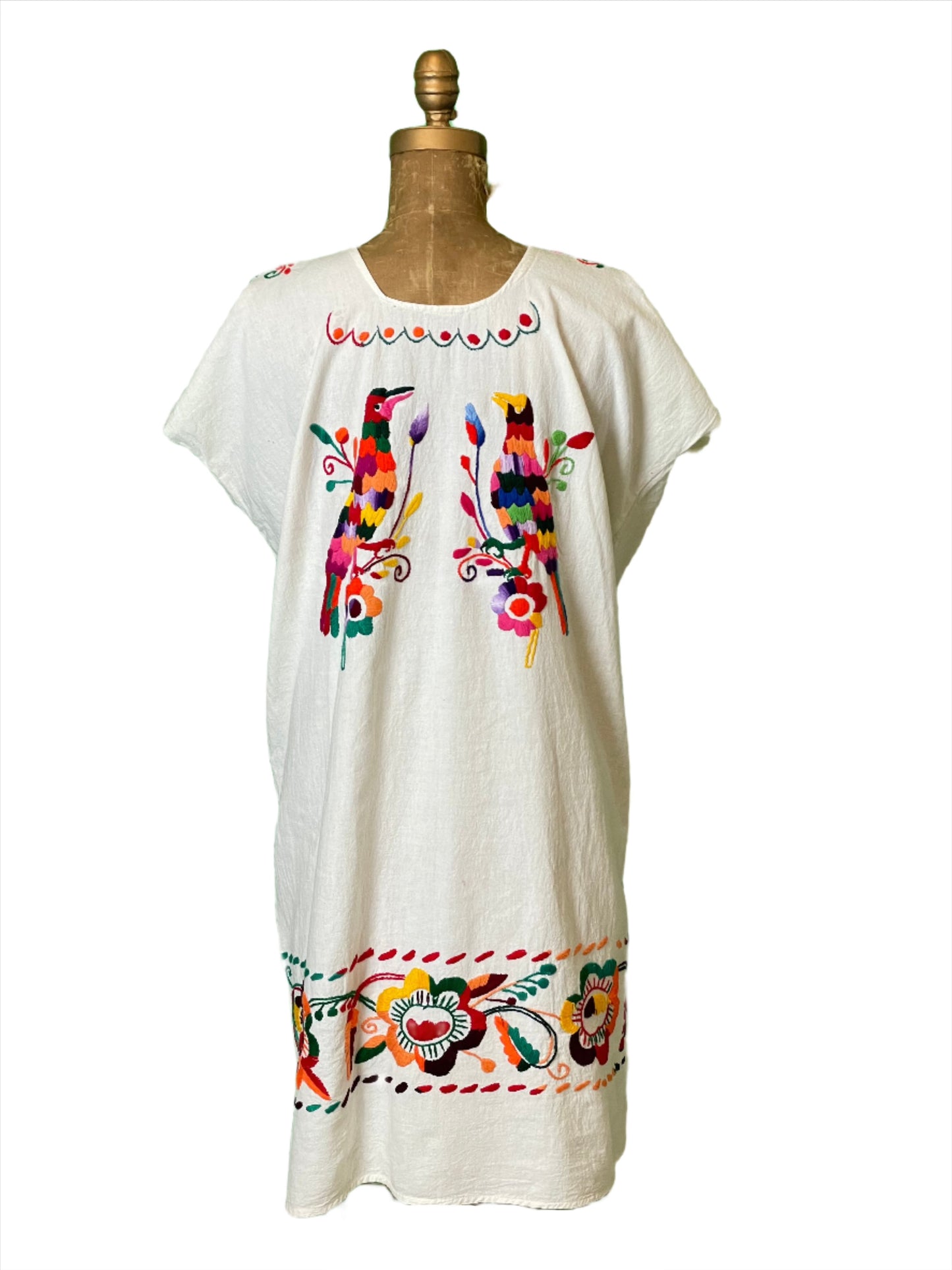 Vintage Huipil White Mexican Embroidered Bird/Floral Dress