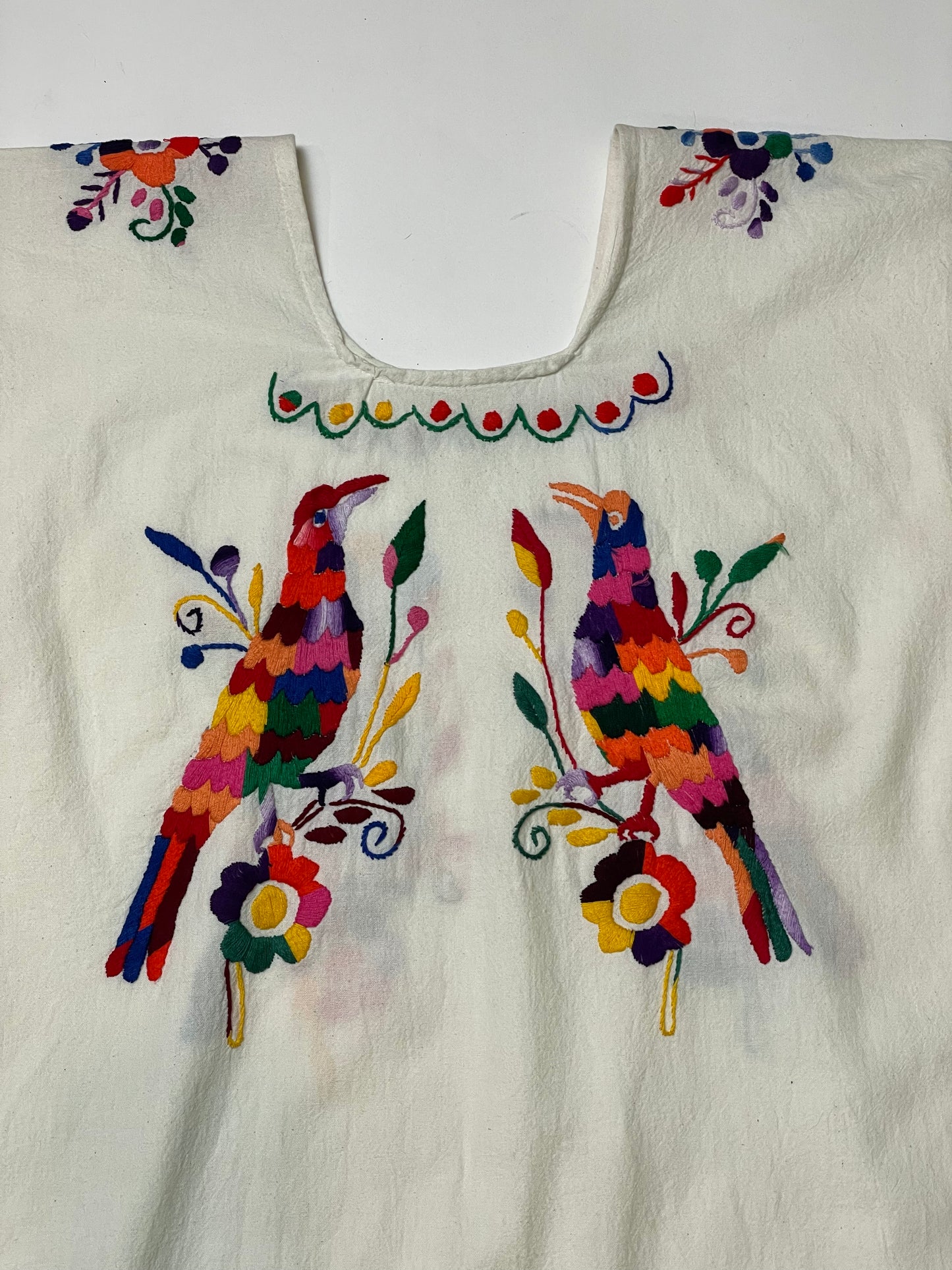 Vintage Huipil White Mexican Embroidered Bird/Floral Dress