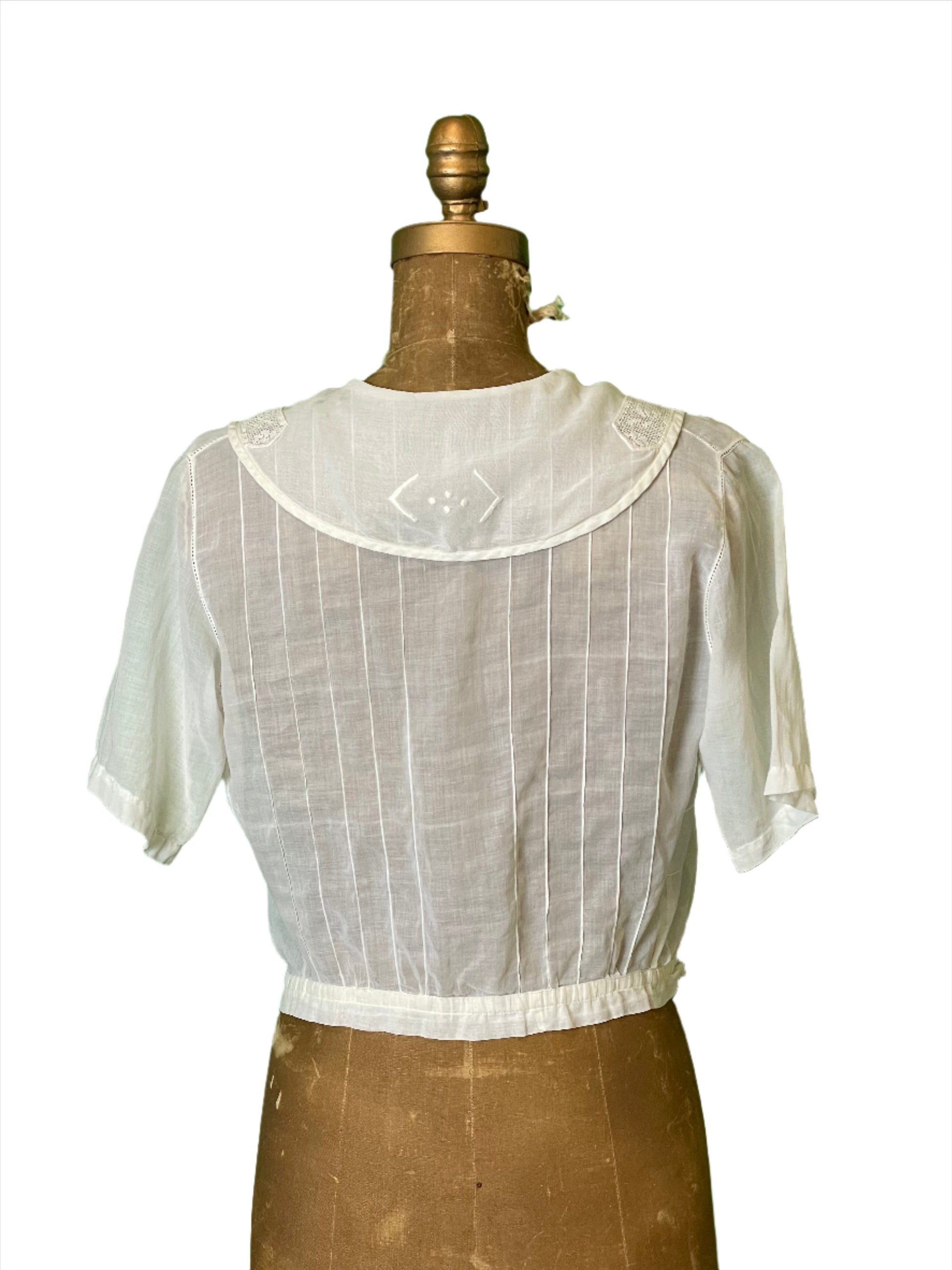 Vintage Edwardian White Cotton Rose Needlepoint Blouse - MED