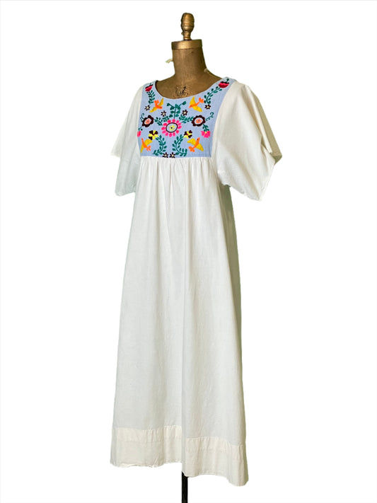 1960s Telas Mexican White Folk Embroidered Midi Dress - Small