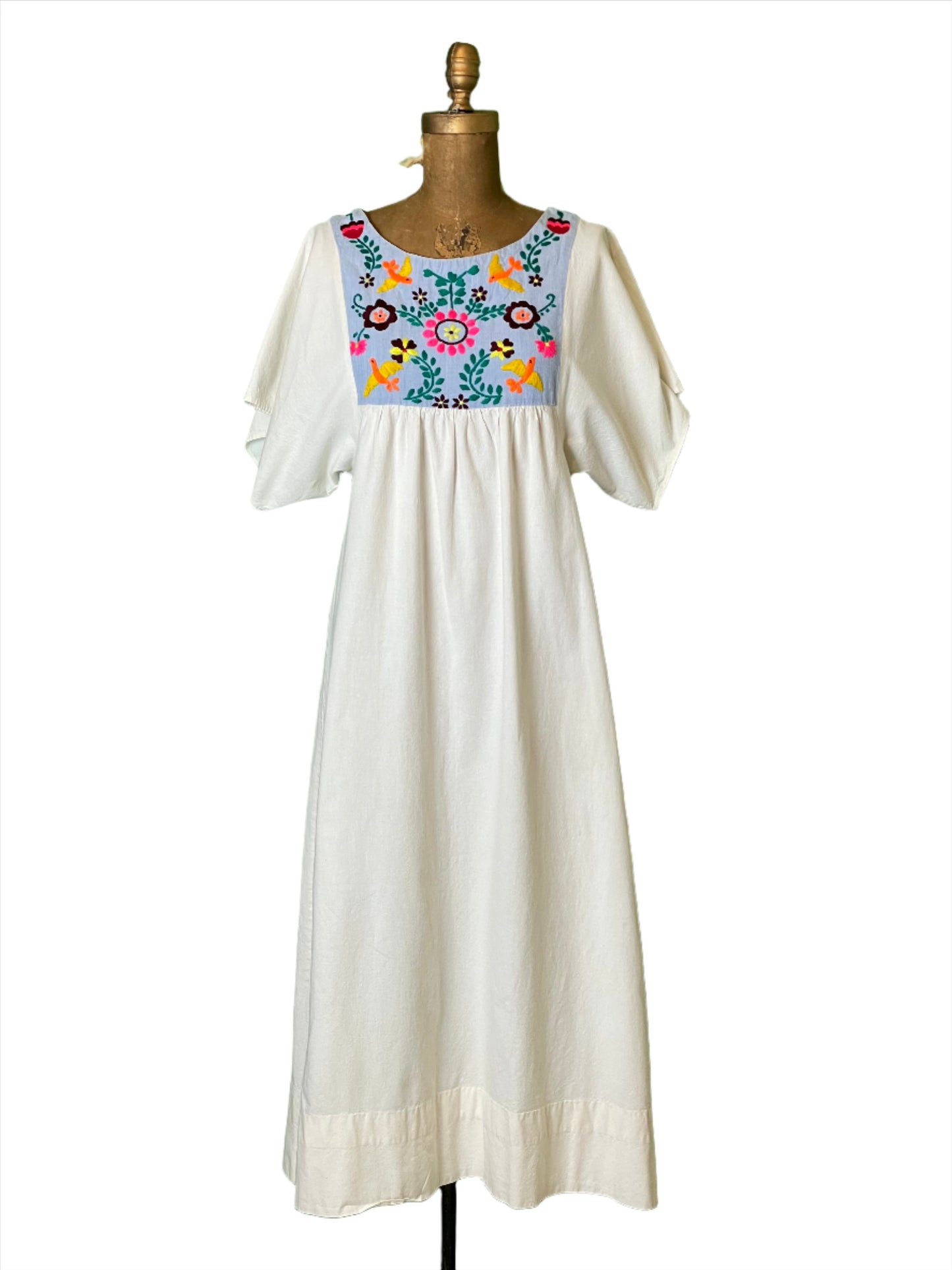 1960s Telas Mexican White Folk Embroidered Midi Dress - Small