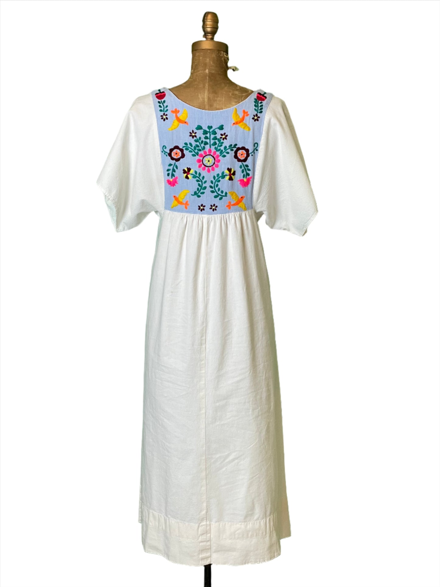 1960s Telas Mexican White Folk Embroidered Midi Dress - Small