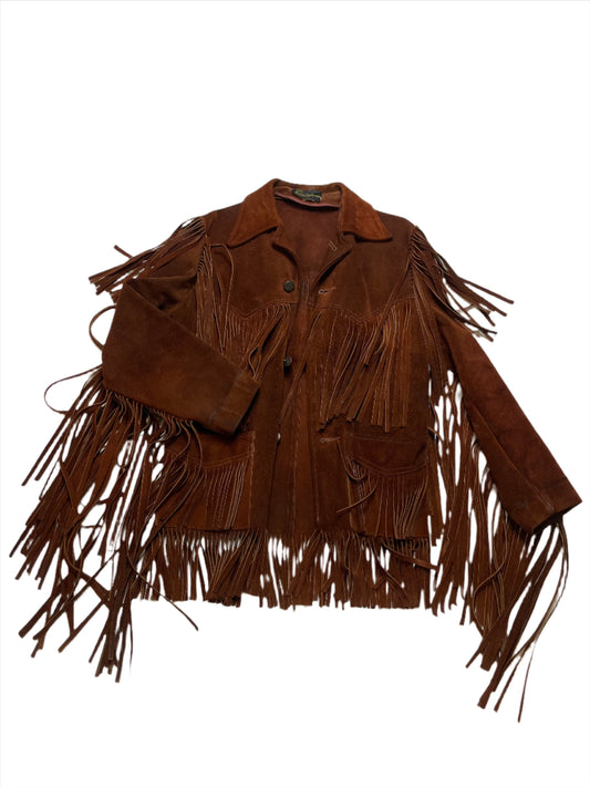 '60s Vintage Cognac Long Fringe Suede Jacket - Medium