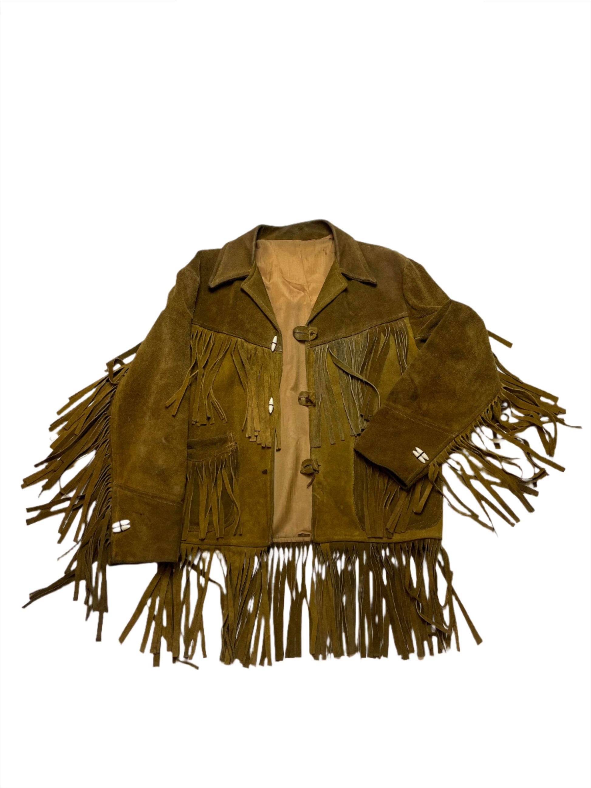 '60s Vintage Brown Suede Fringe Jacket w/Toggle Buttons - MED