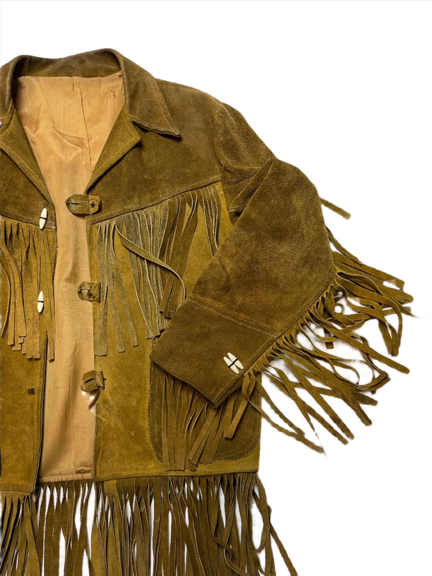 '60s Vintage Brown Suede Fringe Jacket w/Toggle Buttons - MED