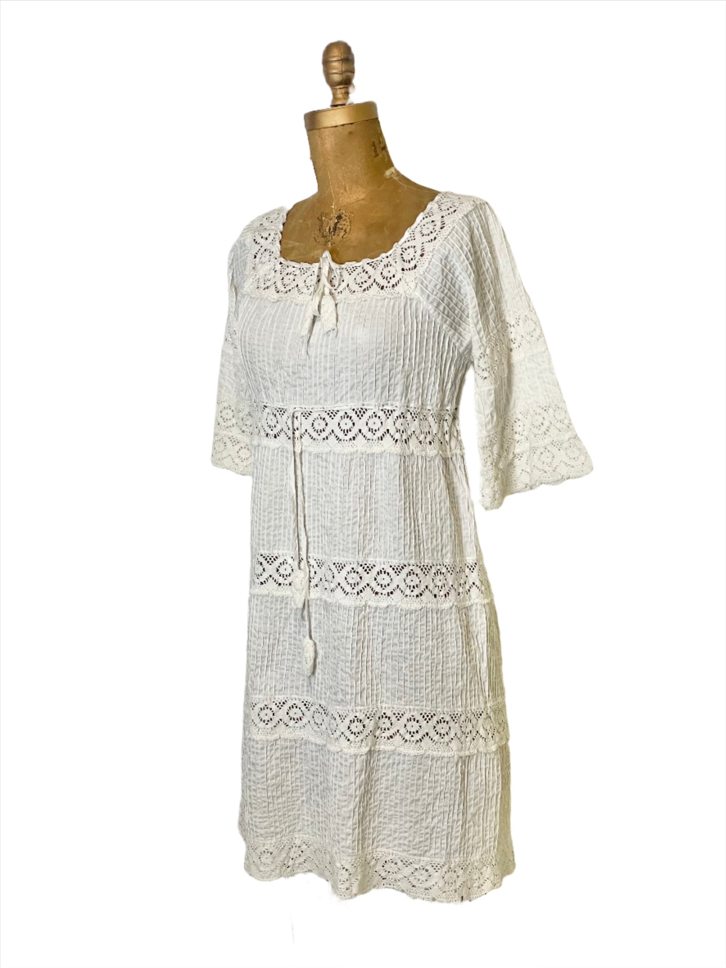 Vintage White Mexican Wedding Mini Dress - XS