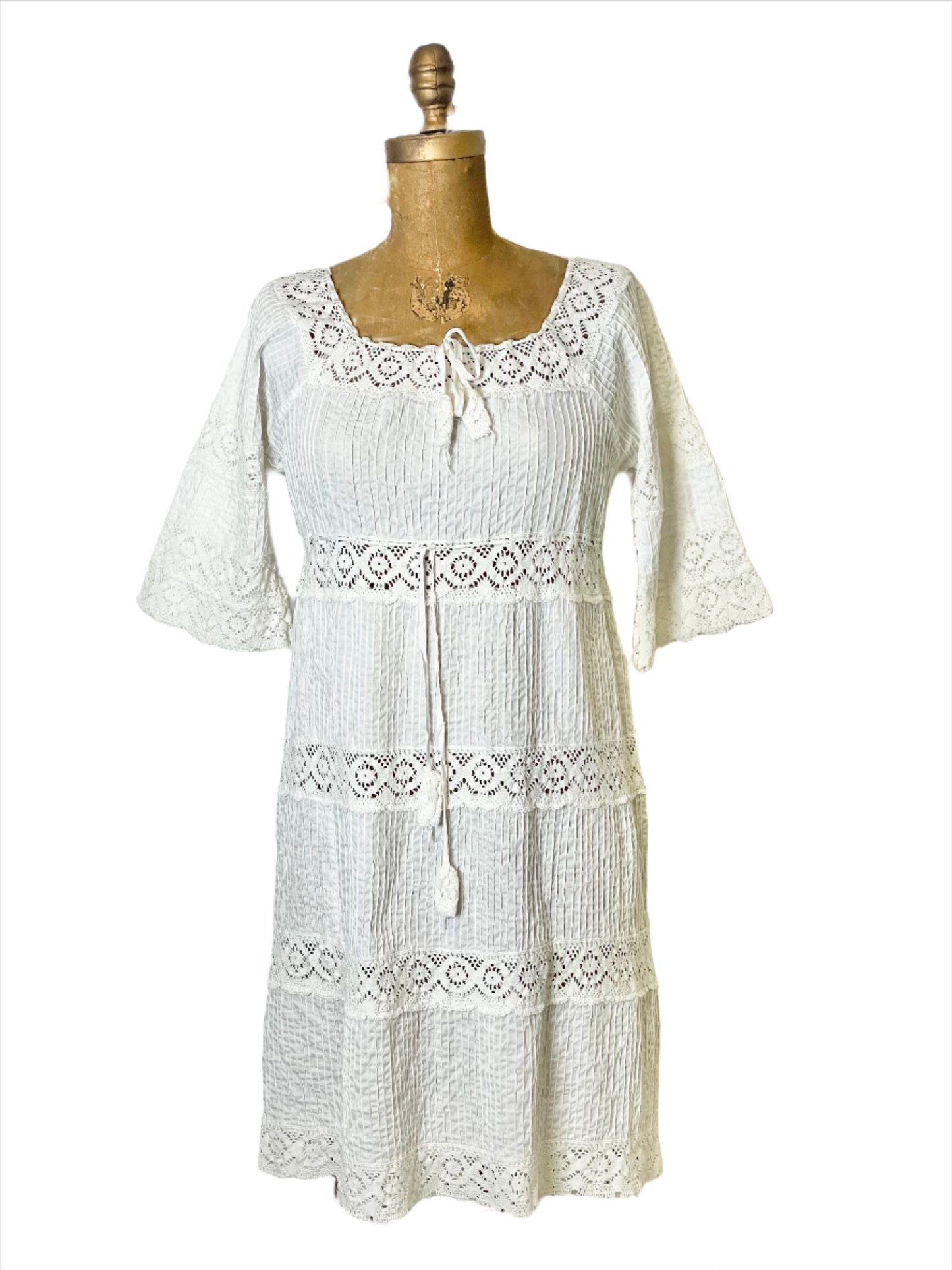 Vintage White Mexican Wedding Mini Dress - XS