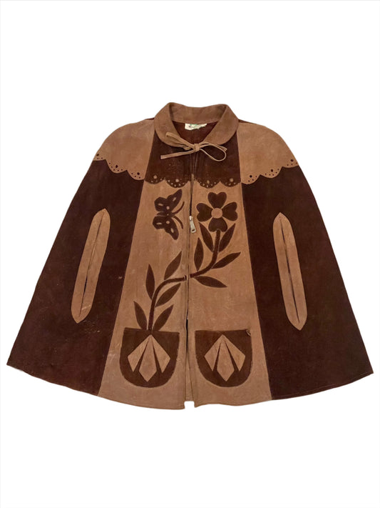 '60s Vintage Brown Suede Folk Poncho Cape