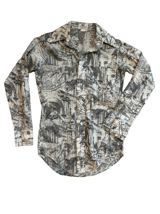 '70s Vintage Wht/Blk Village Print Button Down - XS