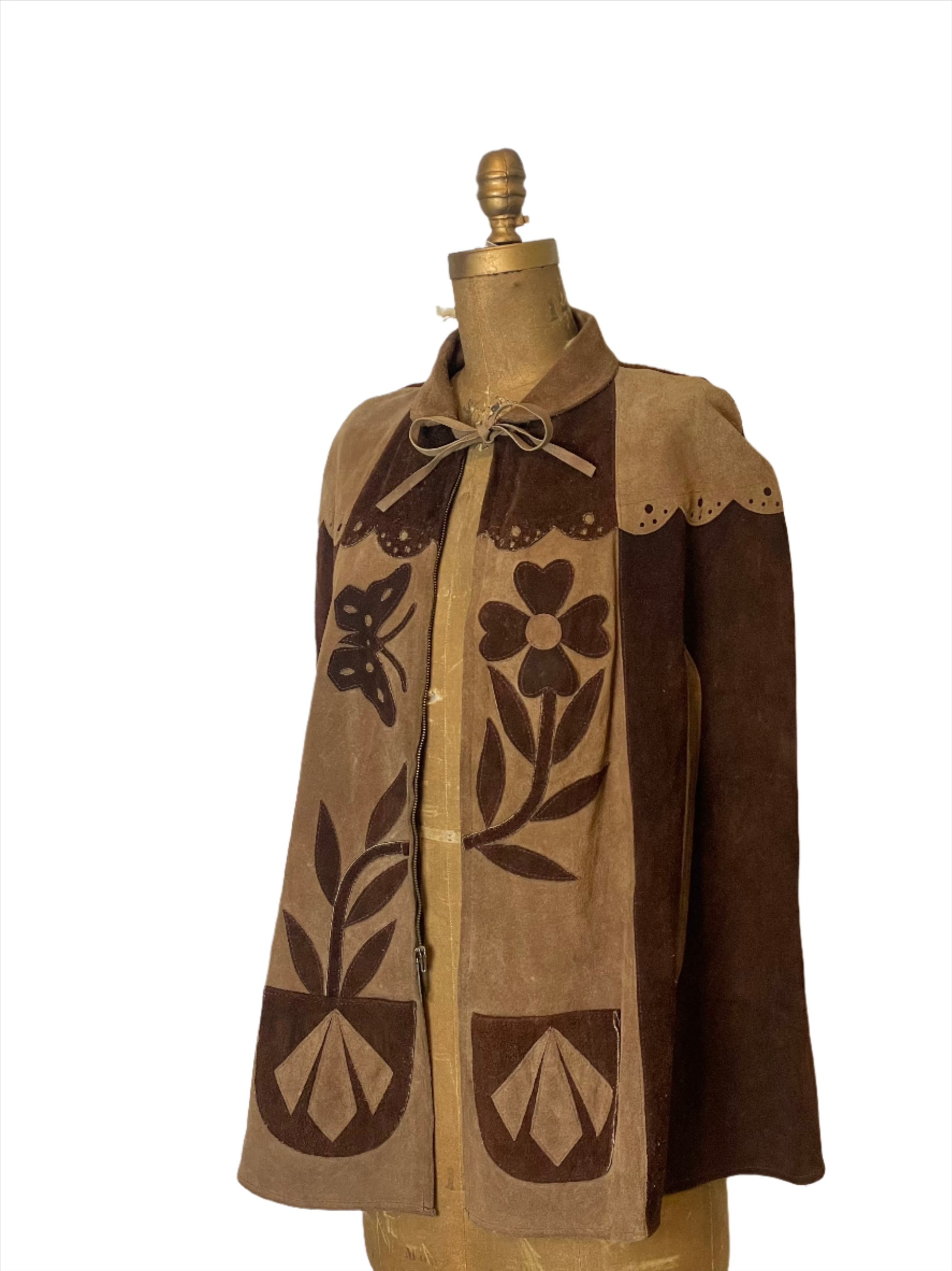 '60s Vintage Brown Suede Folk Poncho Cape