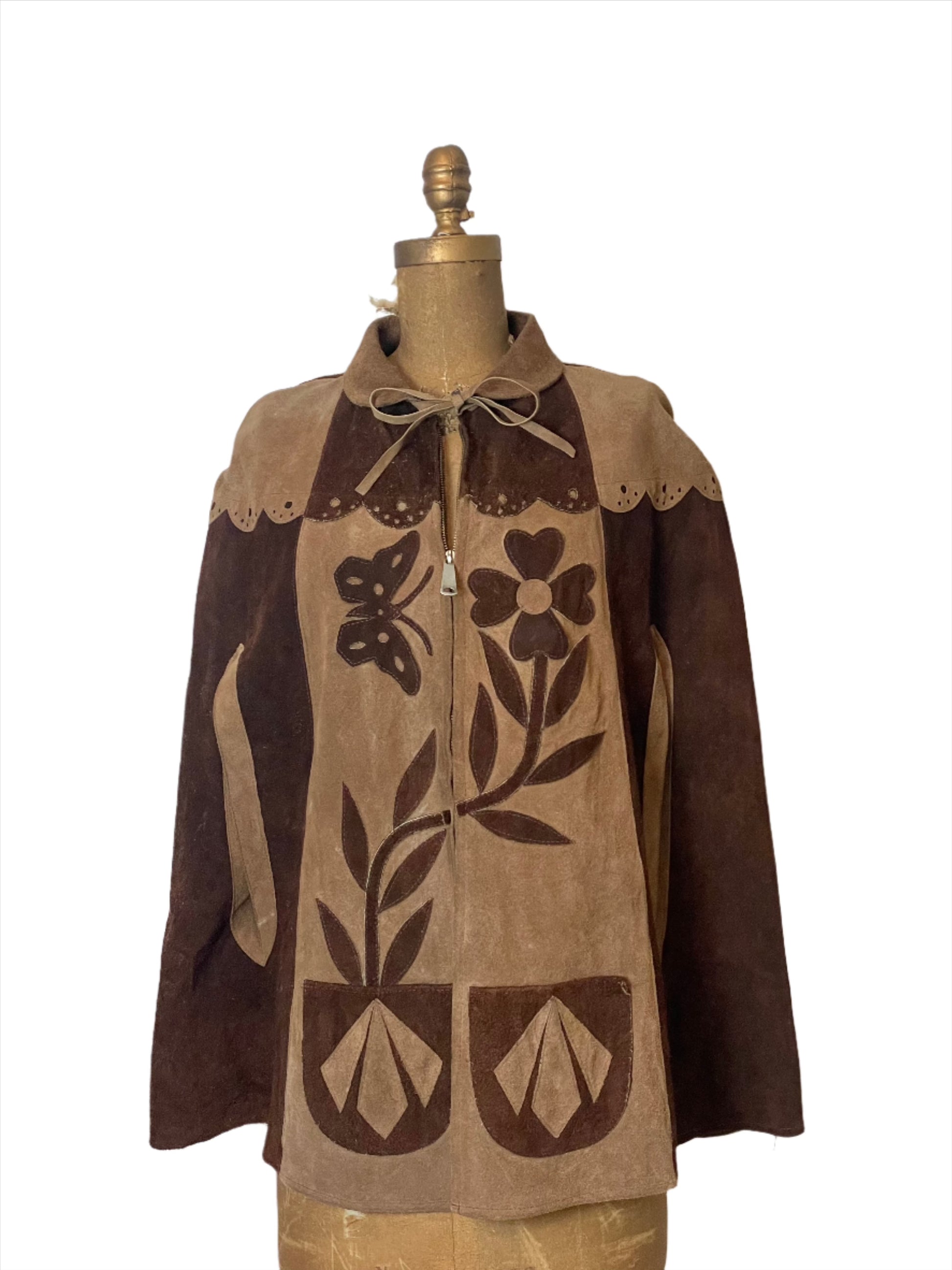 '60s Vintage Brown Suede Folk Poncho Cape