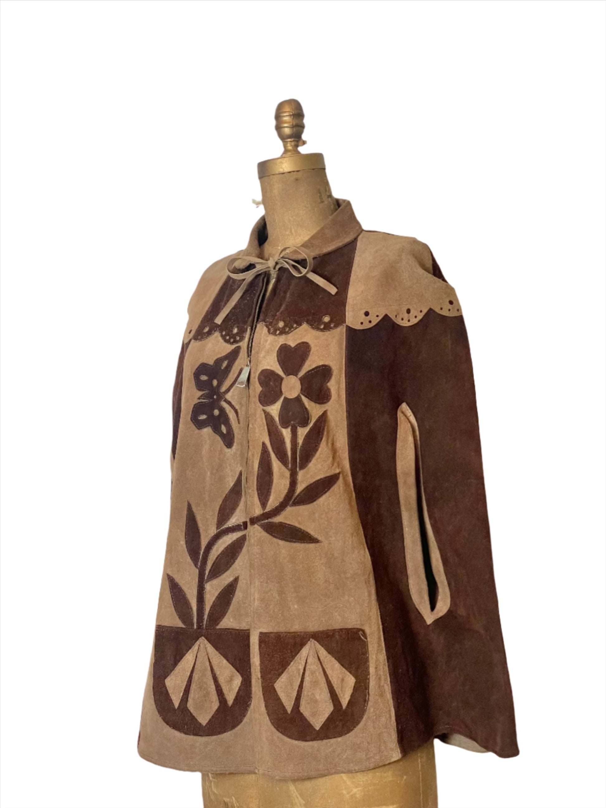 '60s Vintage Brown Suede Folk Poncho Cape