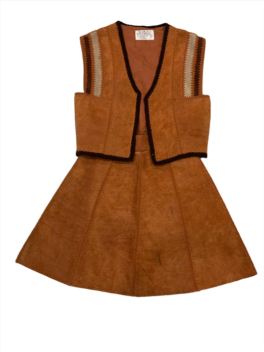 '70s Vintage Tan 2-Piece Cowhide Vest/Skirt Set - XXS