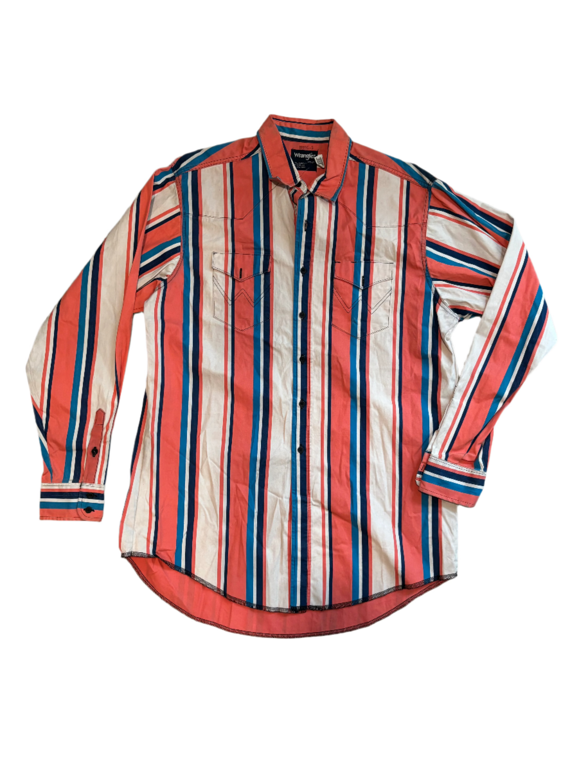 '90s Vintage Deadstock Wrangler Brushpopper Wh/Pnk/Blu Striped Button Down - 3XL