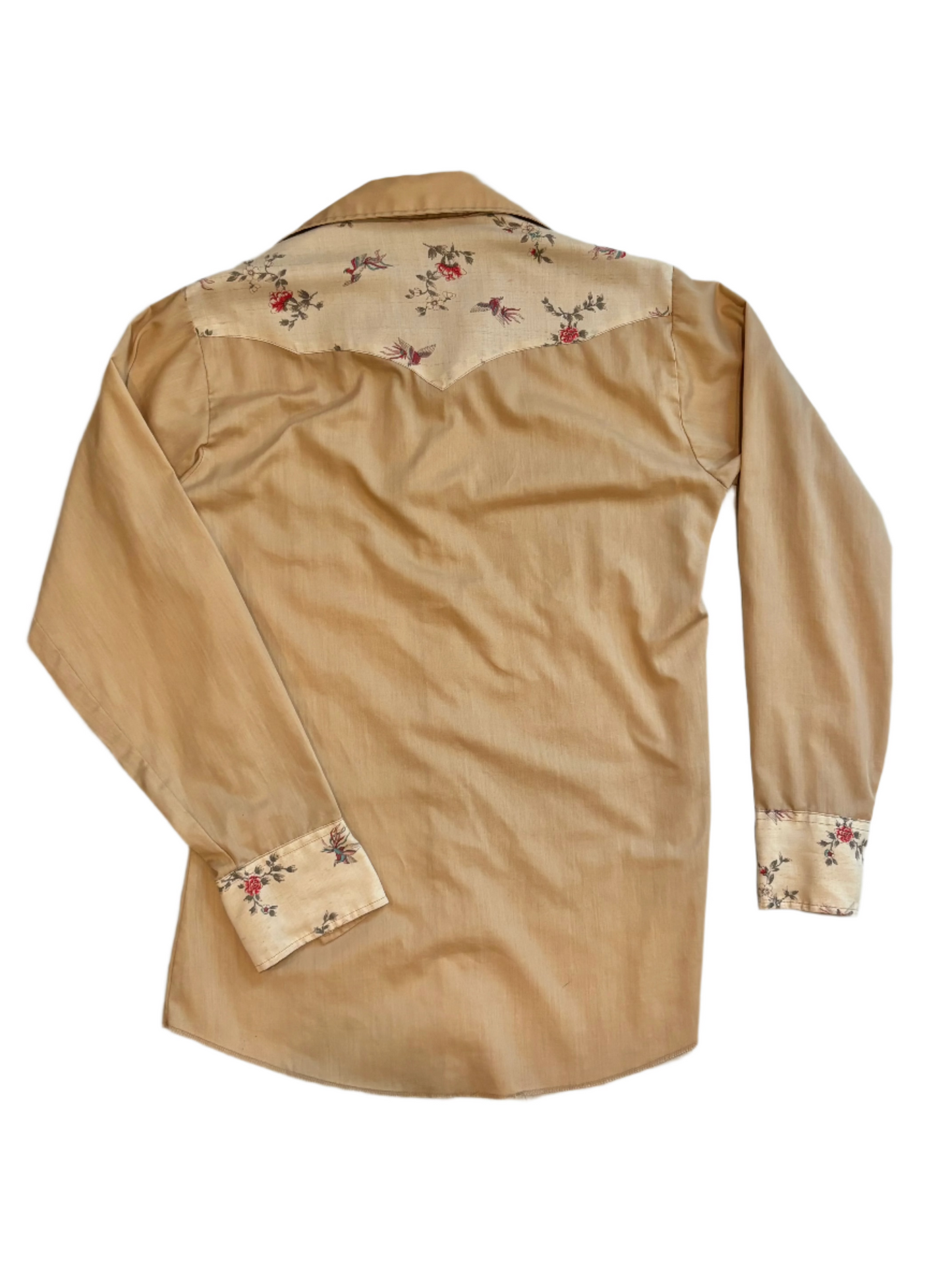 '70s Vintage Panhandle Slim Tan w/Floral Design Pearl Snap - SML