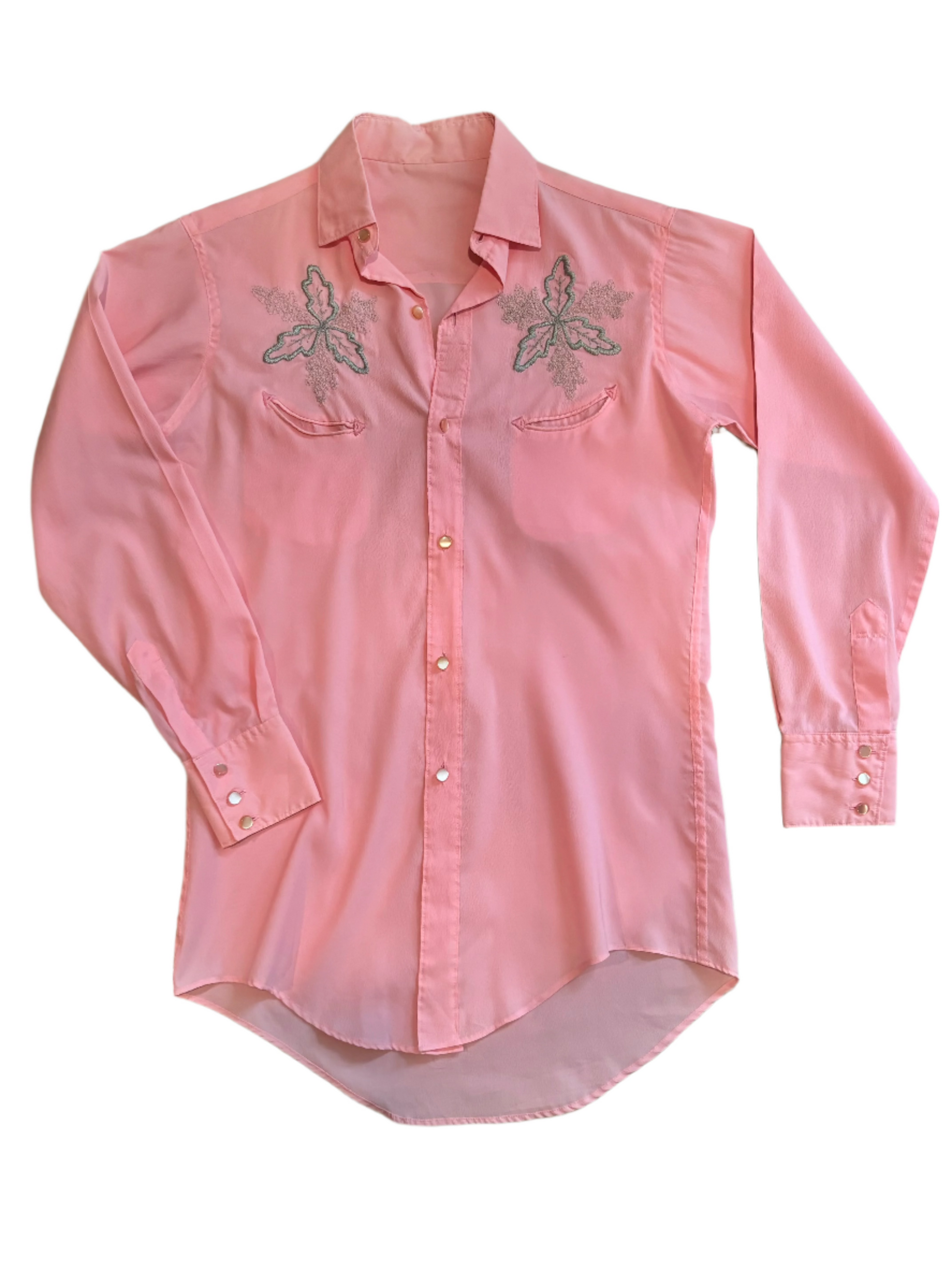 '60s Vintage Pink Button Down w/Silver Leaf Yoke - SML