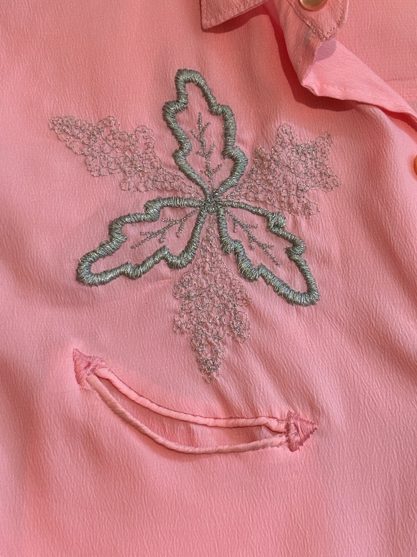 '60s Vintage Pink Button Down w/Silver Leaf Yoke - SML