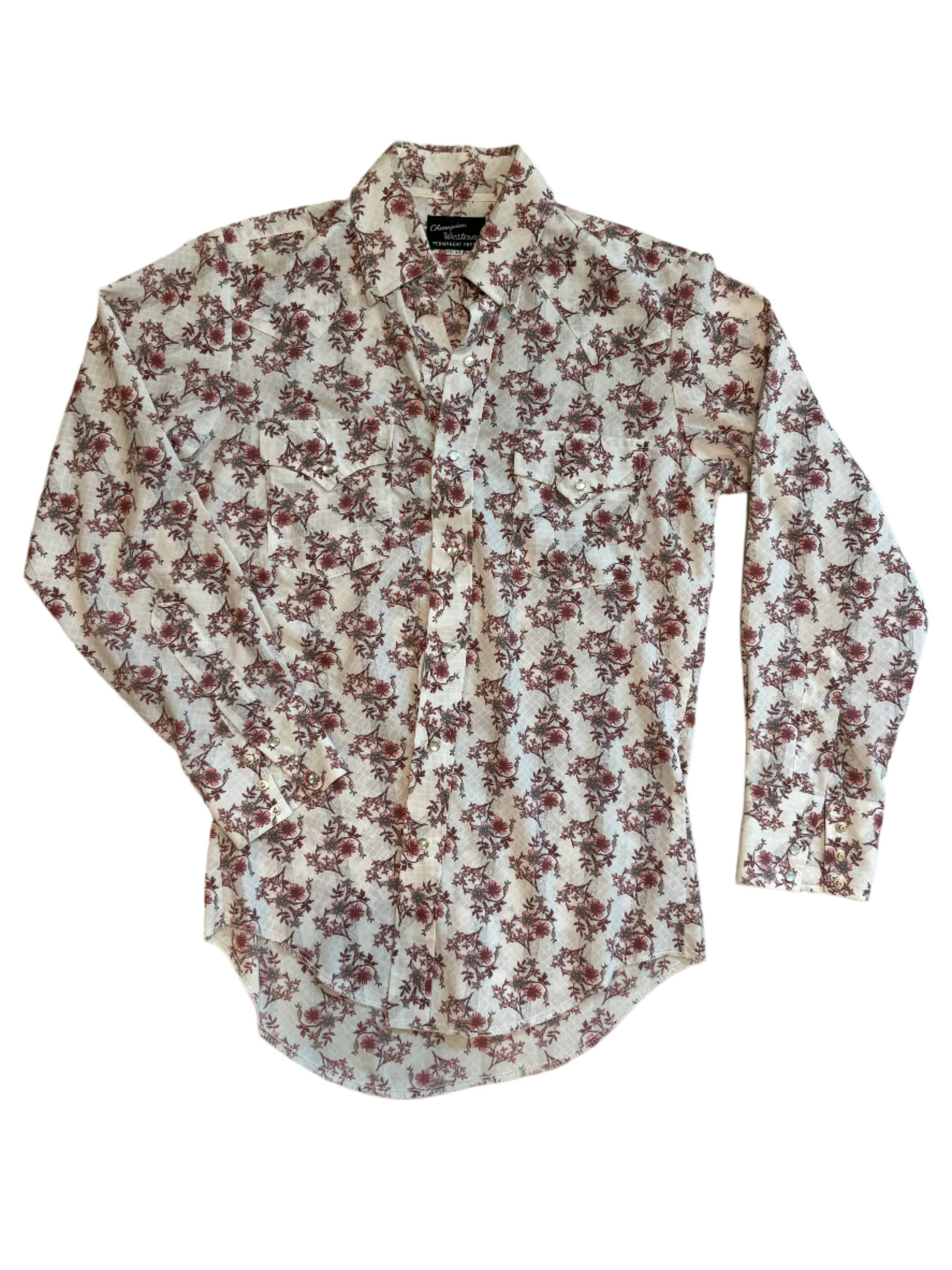 '60s/70s Vintage Champion Westerns Wht Floral Print Pearl Snap - MED