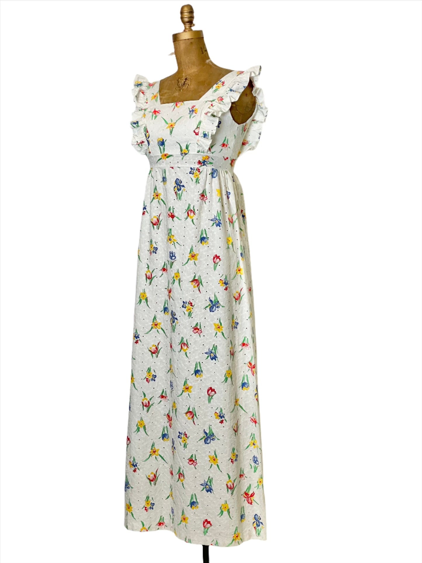 '60s Vintage White Eyelet Floral Apron Dress - XS