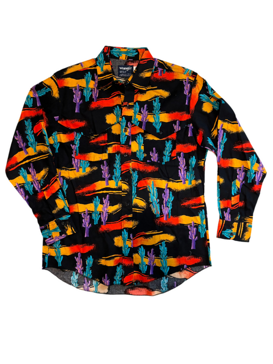 '90s Vintage Deadstock Wrnglr Blk SW Cactus Prnt Button Down - 2XL